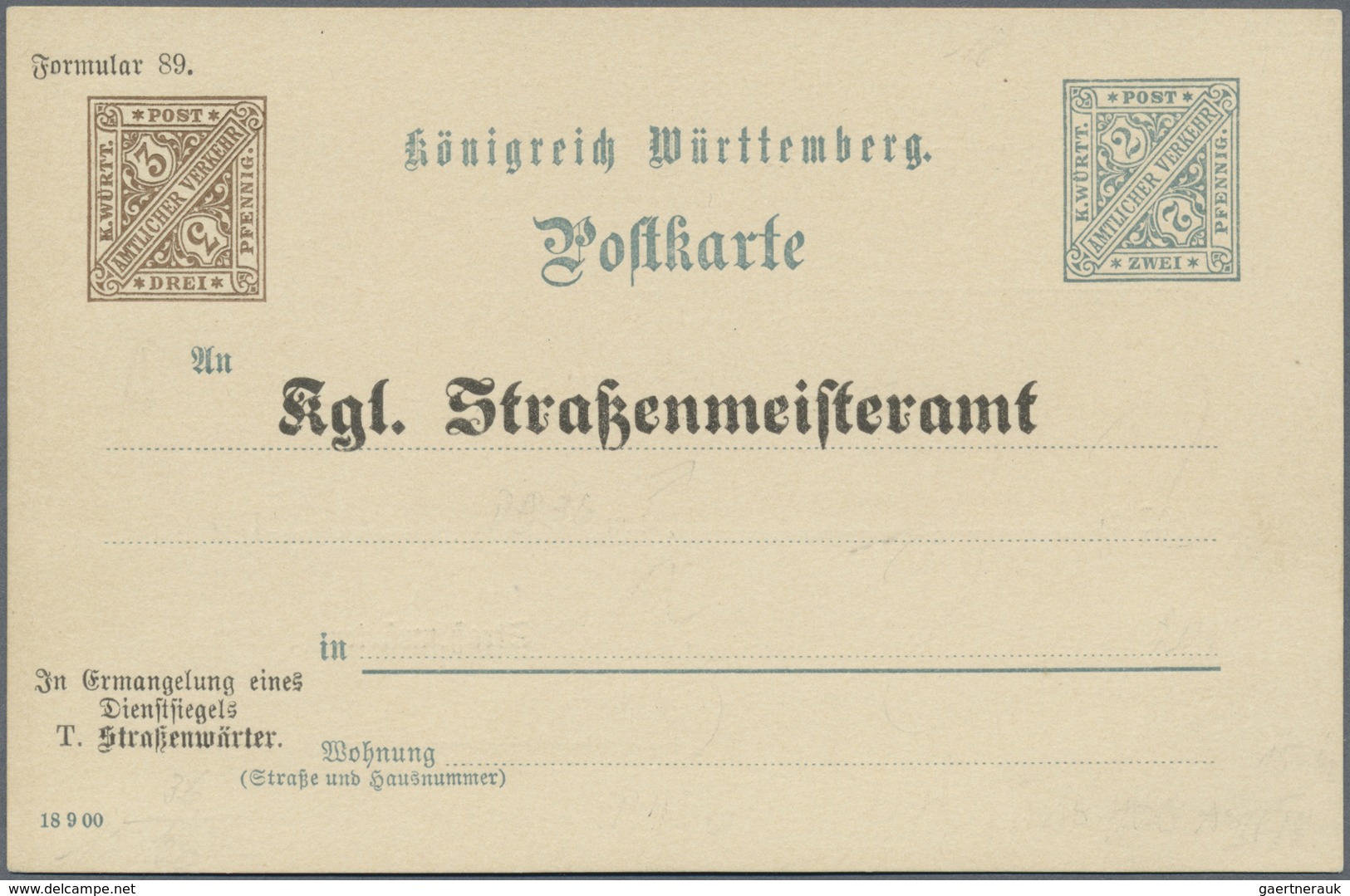 GA Württemberg - Ganzsachen: Dienstpostkarte 3 Neben 2 Pf. Auf Rahmfarbenem Karton, Ungebraucht, Mit Dr - Altri & Non Classificati