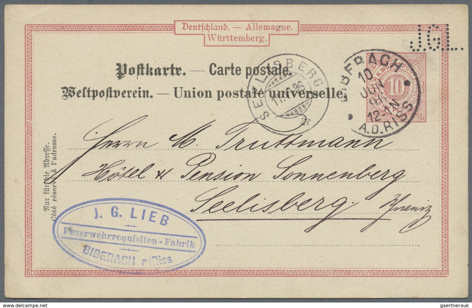 GA Württemberg - Ganzsachen: 1896, Postkarte 10 Pf Ziffer Mit Sehr Seltener Firmenlochung "J.G.L." (= J - Sonstige & Ohne Zuordnung