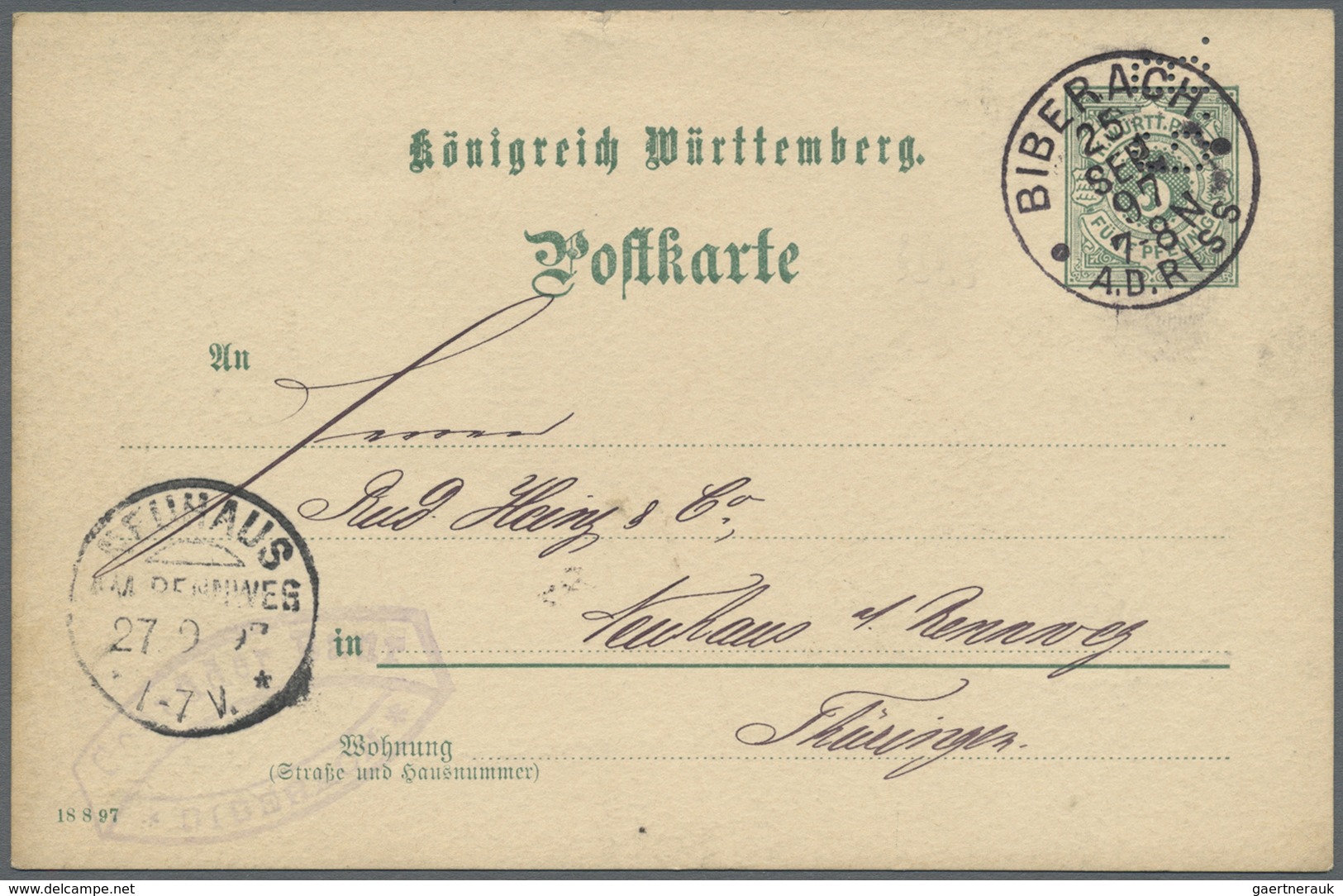 GA Württemberg - Ganzsachen: 1897. Postkarte 5 Pf Grün Ziffer Mit Perfin "G.B.". Gebraucht Von "Biebera - Sonstige & Ohne Zuordnung