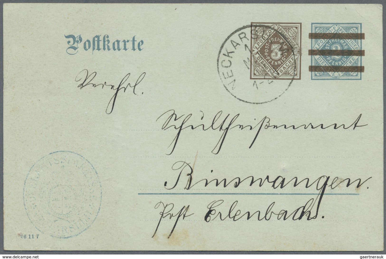 GA Württemberg - Ganzsachen: 1909. Aufbrauch-Postkarte 3 Pf Neben Durchbalkt 2 Pf. DV "26 11 7". Gebrau - Altri & Non Classificati