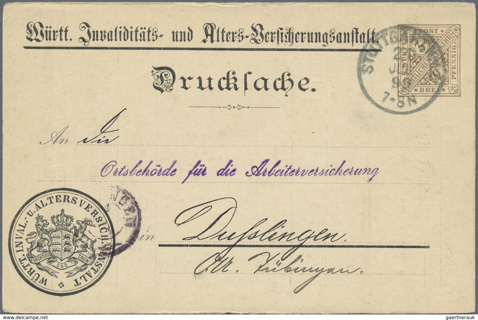 GA Württemberg - Ganzsachen: 1899. Dienst-Postkarte 3 Pf Braun "Württ. Invaliditäts- U. Alters-Versiche - Sonstige & Ohne Zuordnung