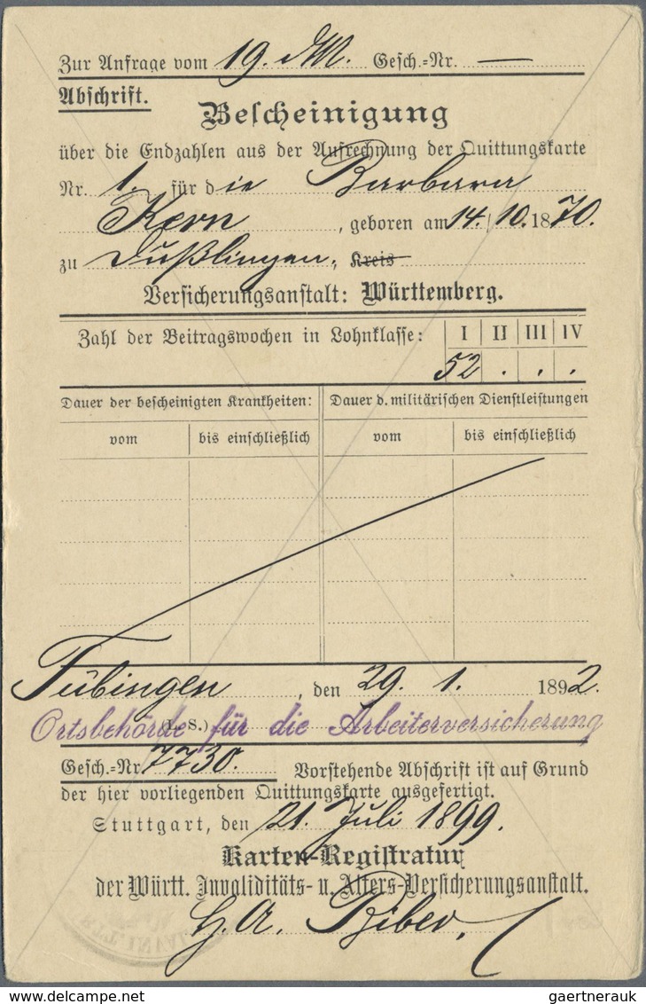 GA Württemberg - Ganzsachen: 1899. Dienst-Postkarte 3 Pf Braun "Württ. Invaliditäts- U. Alters-Versiche - Altri & Non Classificati
