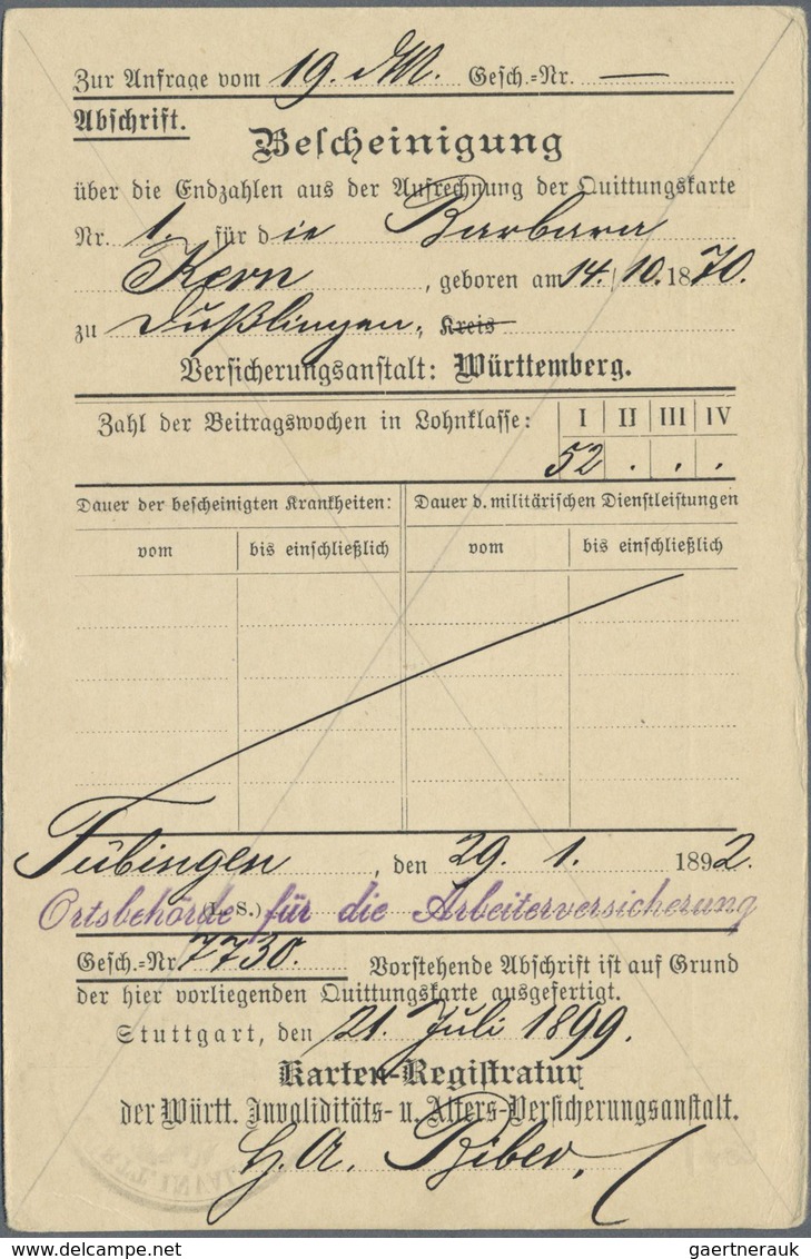 GA Württemberg - Ganzsachen: 1899. Dienst-Postkarte 3 Pf Braun "Württ. Invaliditäts- U. Alters-Versiche - Autres & Non Classés