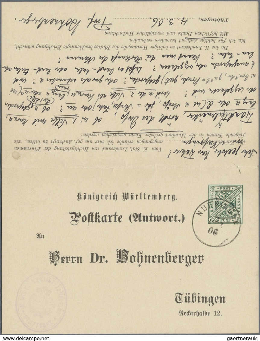 GA Württemberg - Ganzsachen: 1906. Doppelkarte 5+5 Pf Grün, Antwortteil Mit Adresszudruck "Dr. Bohnenbe - Altri & Non Classificati