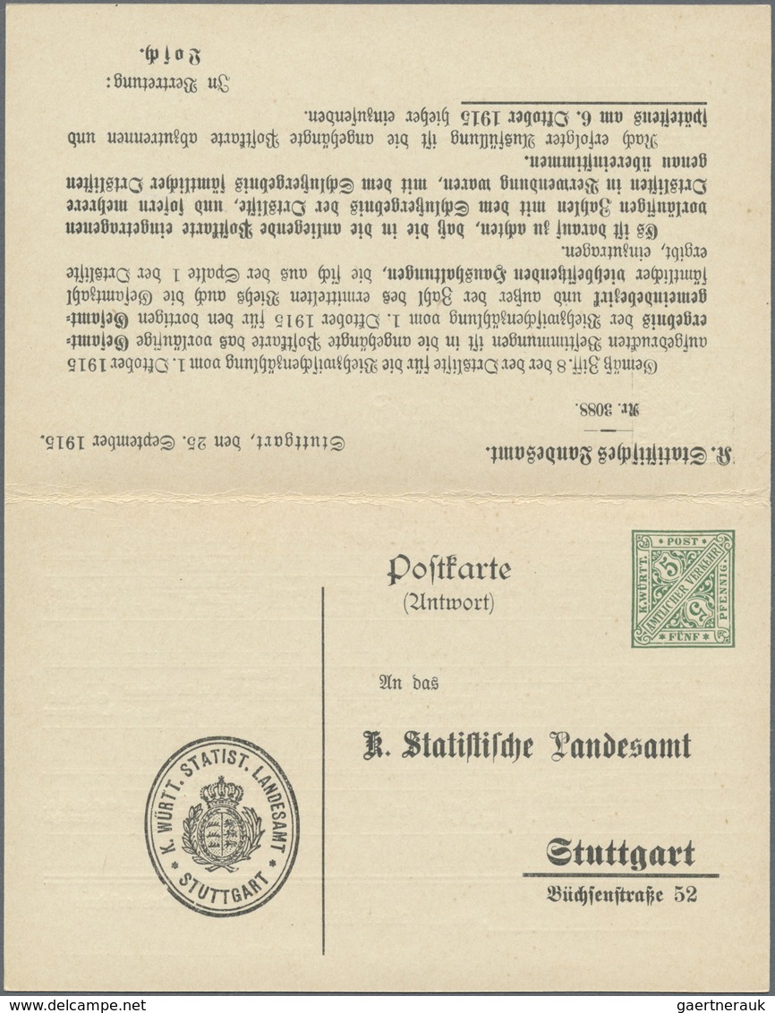 GA Württemberg - Ganzsachen: 1915. Dienst-Doppelkarte 3 Pf Braun / 5 Pf Grün "Viehzwischenzählung 1915" - Sonstige & Ohne Zuordnung