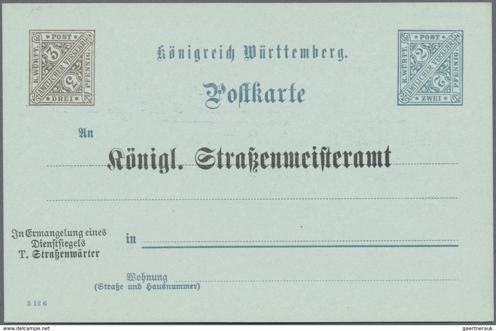 GA Württemberg - Ganzsachen: Dienstpostkarte 3 Neben 2 Pf. Auf Bläulichem Karton, Ungebraucht, Mit Druc - Altri & Non Classificati