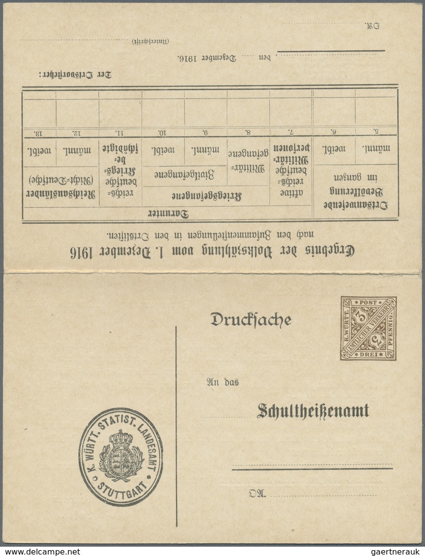 GA Württemberg - Ganzsachen: 1916. Dienst-Doppelkarte 3 Pf Braun / 7½ Pf Orange "Volkszählung 1916", Un - Sonstige & Ohne Zuordnung
