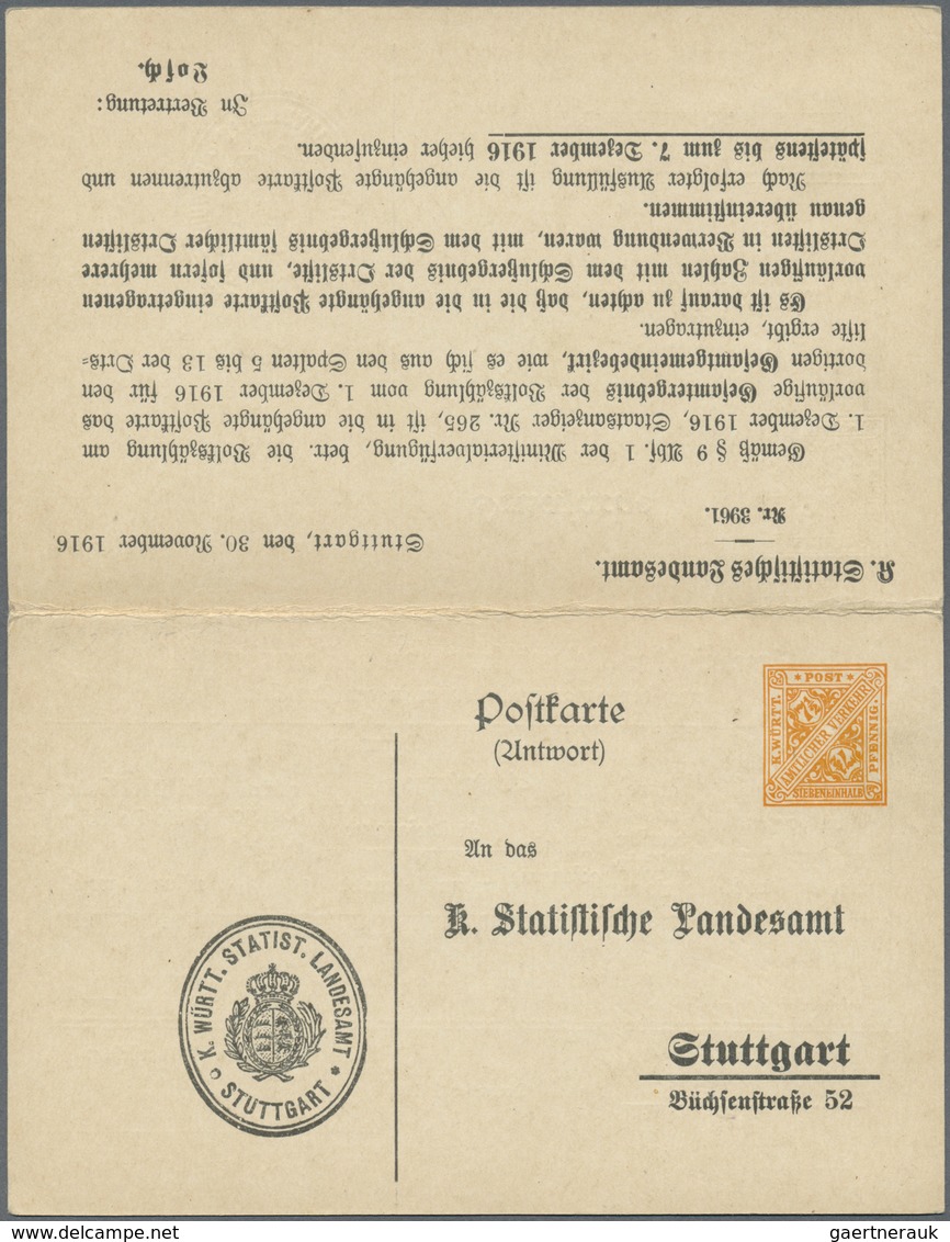 GA Württemberg - Ganzsachen: 1916. Dienst-Doppelkarte 3 Pf Braun / 7½ Pf Orange "Volkszählung 1916", Un - Sonstige & Ohne Zuordnung