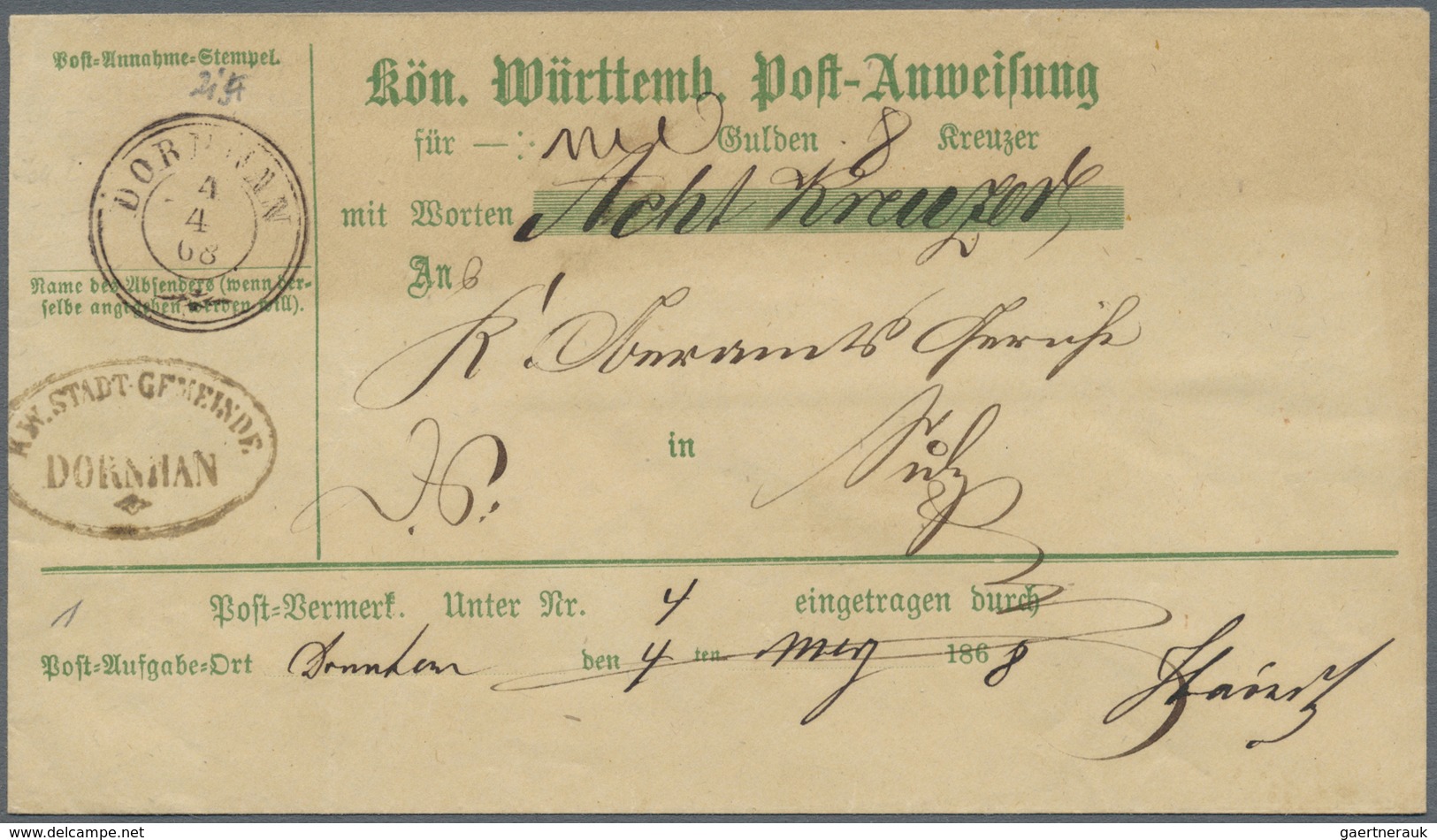 GA Württemberg - Postanweisungen: 1867, Postanweisung OHNE Kreuzer-Wertstempel Gelaufen Mit K3 "DORNHAN - Altri & Non Classificati