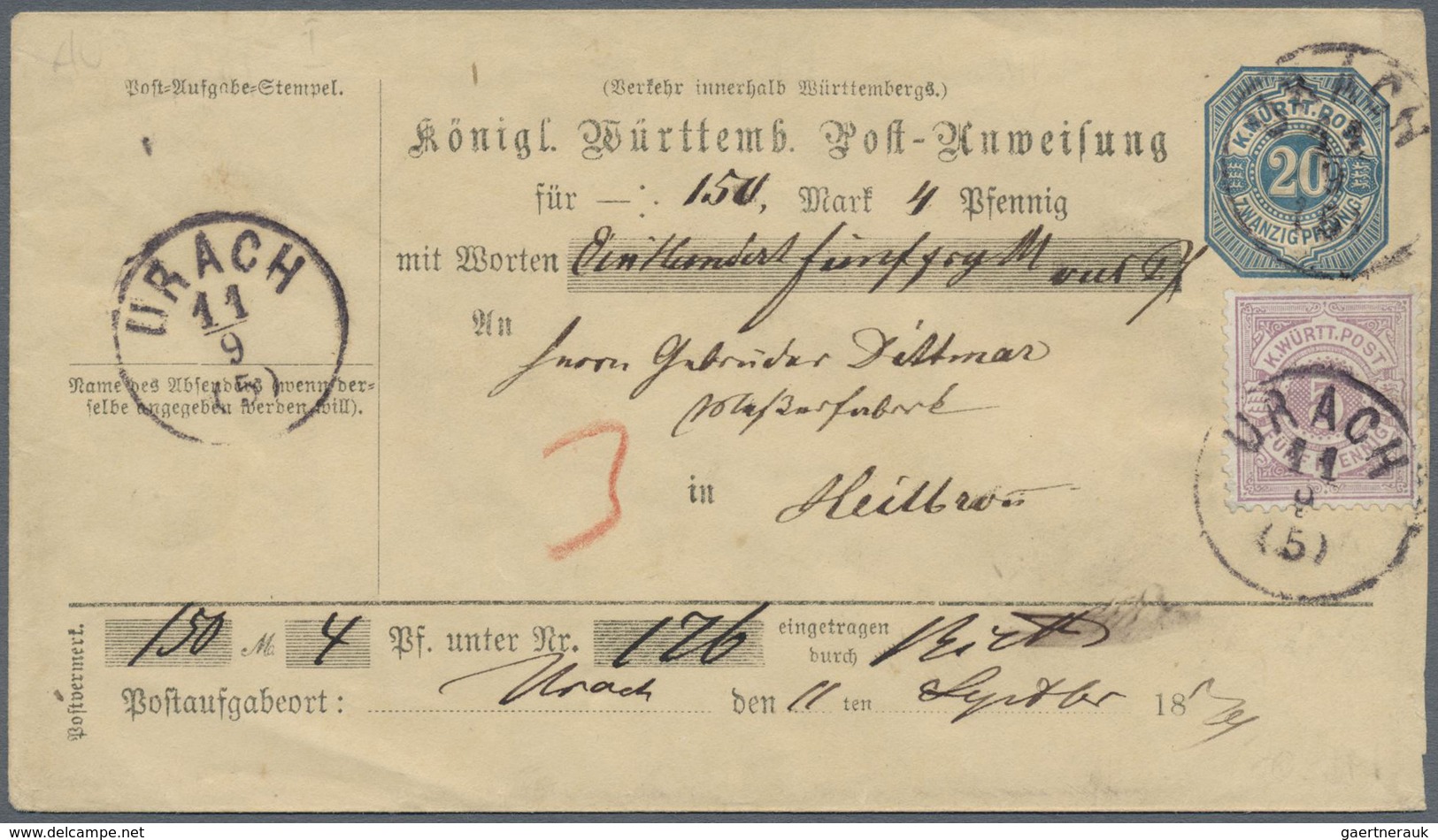 GA Württemberg - Postanweisungen: 1879/1894, 20 Pfg. Ganzsachenpostanweisungs-Umschlag Mit Zufrankatur - Sonstige & Ohne Zuordnung