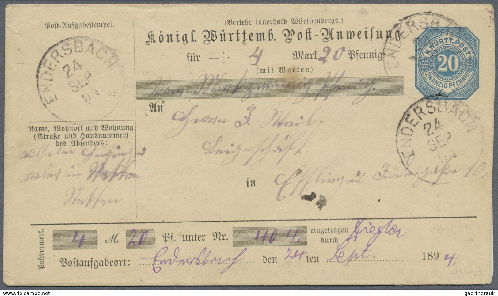 GA Württemberg - Postanweisungen: 1879/1894, 20 Pfg. Ganzsachenpostanweisungs-Umschlag Mit Zufrankatur - Sonstige & Ohne Zuordnung