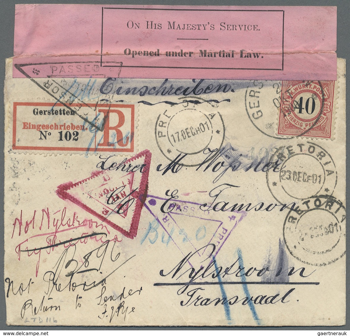 Br Württemberg - Besonderheiten: 1900. Registered Envelope Addressed To 'Emil Jarnsen In Nylstroom, Tra - Sonstige & Ohne Zuordnung