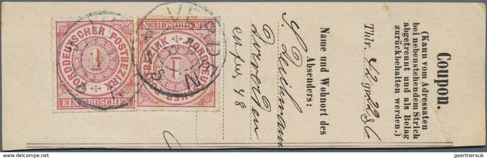 Br Norddeutscher Bund - Marken Und Briefe: 1868: 1 Gr Rot, 2x Auf Quittungsabschnitt Einer Postanweisun - Sonstige & Ohne Zuordnung