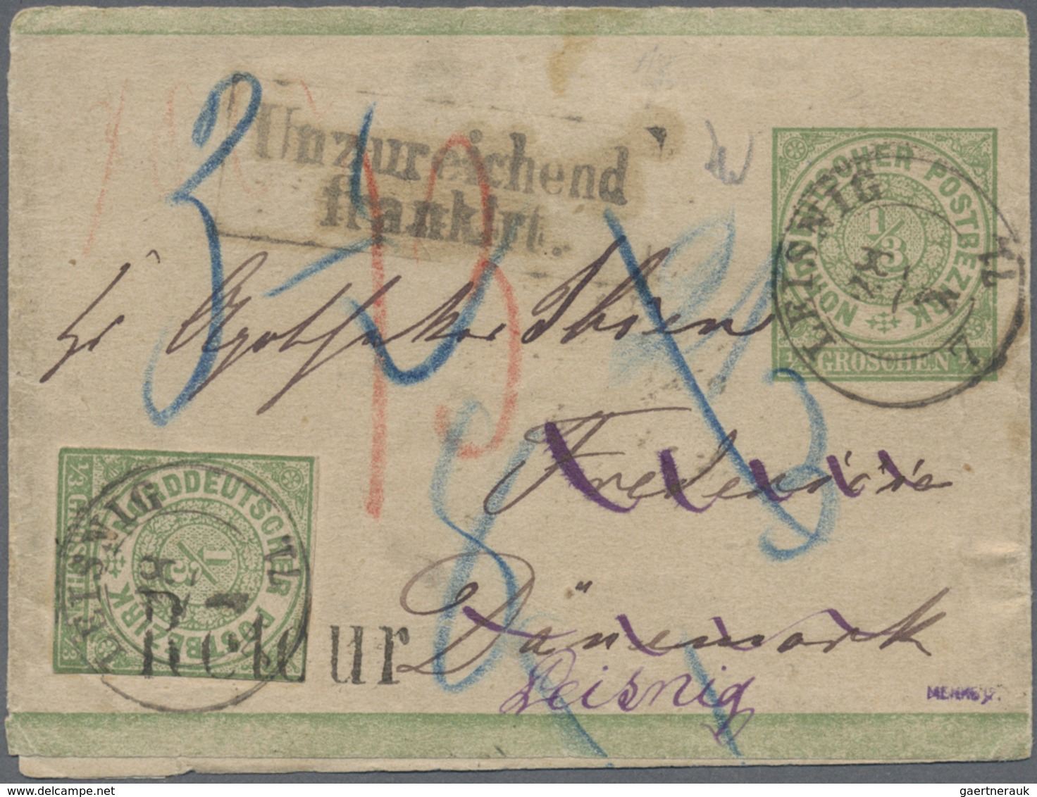 GA Norddeutscher Bund - Ganzsachen: 1868, 1/3 Grün Streifband Mit Zusatzfrankatur 1/3 Grün Ganzsachenau - Altri & Non Classificati
