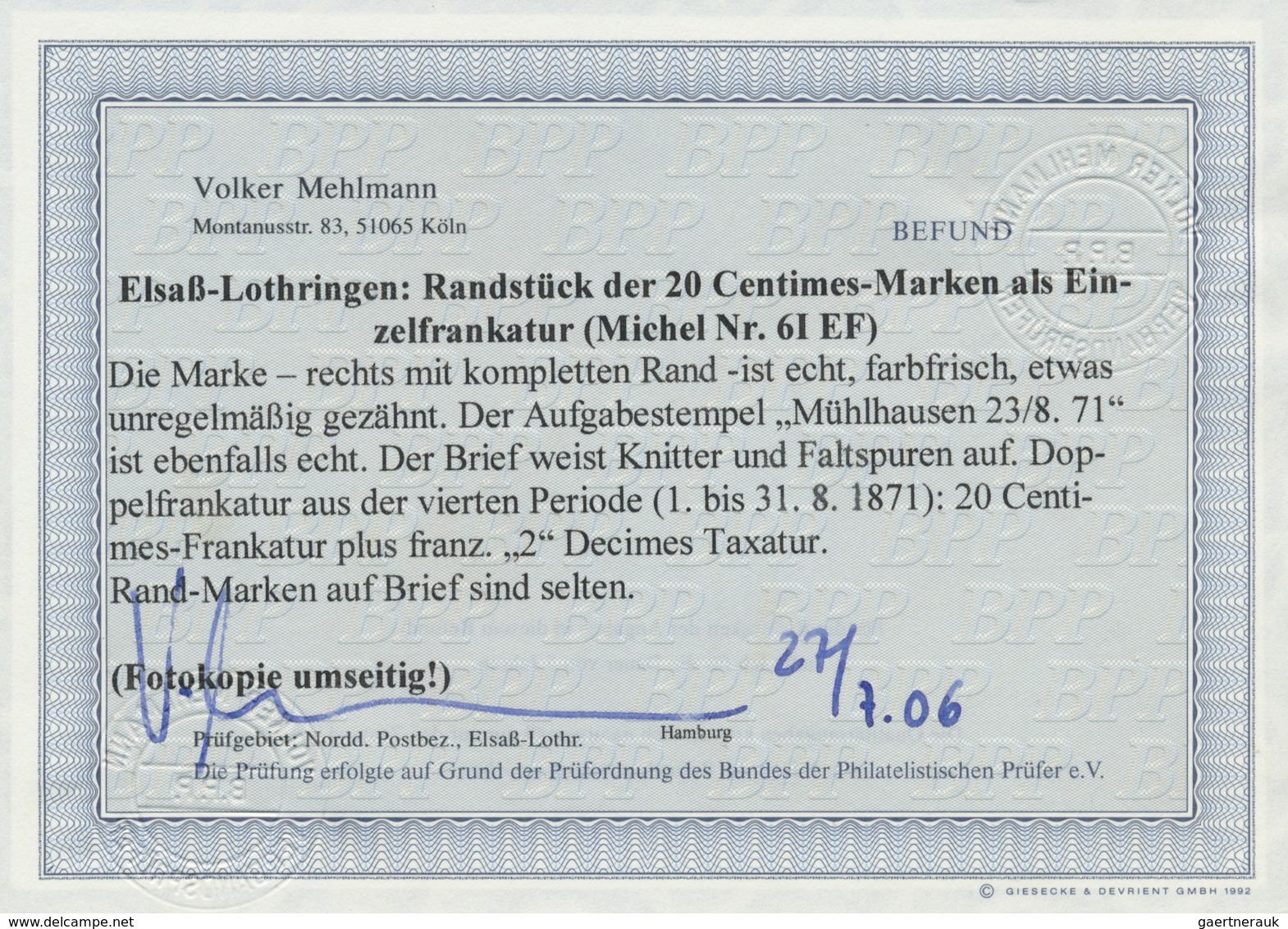 Br Elsass-Lothringen - Marken Und Briefe: 1870: 20 C "Spitzen Nach Oben", Mit Kompletten Rechtem Rand A - Sonstige & Ohne Zuordnung