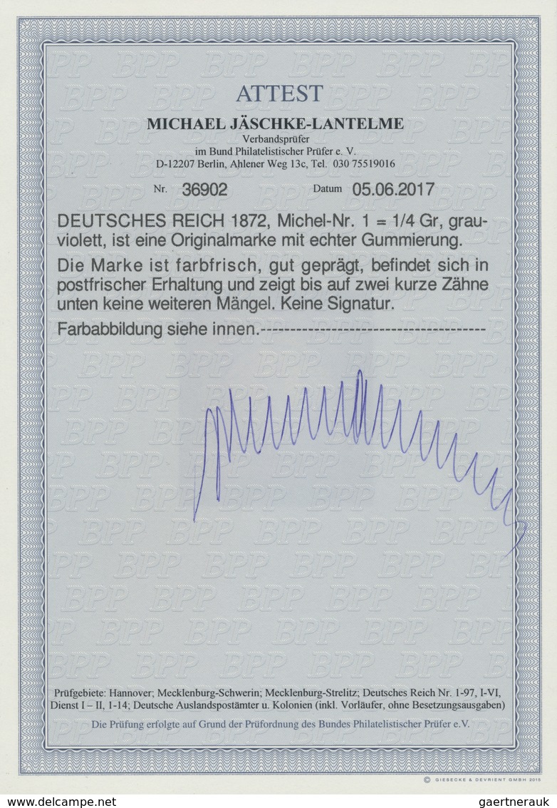 ** Deutsches Reich - Brustschild: 1872, 1/4 Groschen Violett Kleiner Schild Postfrisch, Die Marke Ist F - Neufs