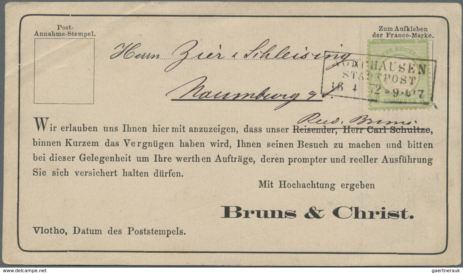 Br Deutsches Reich - Brustschild: 1872, Kleiner Schild 1/3 Gr. Gelblichgrün Mit Ra3 „NORDHAUSEN STADTPO - Ungebraucht