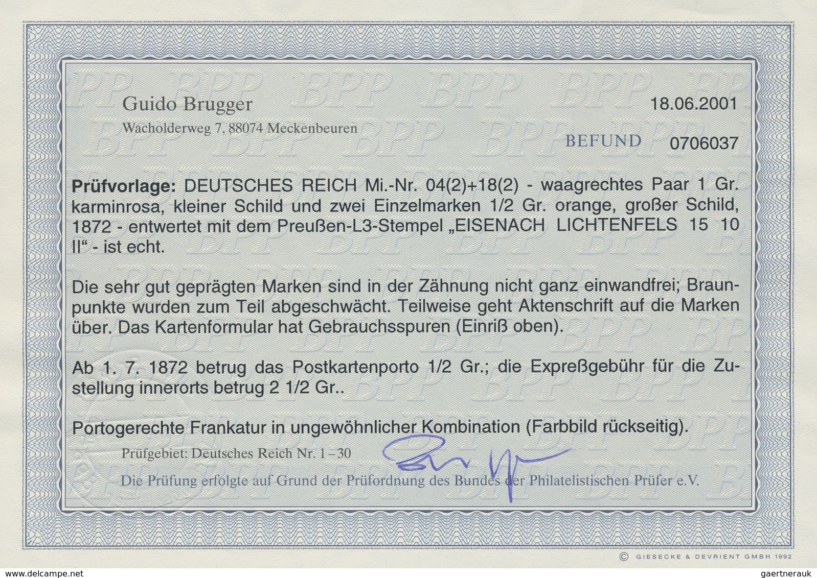 Br Deutsches Reich - Brustschild: 1872, Kleiner Schild 1 Gr. Im Paar + 2x ½ Gr. Auf Express-Karte Eisen - Ungebraucht