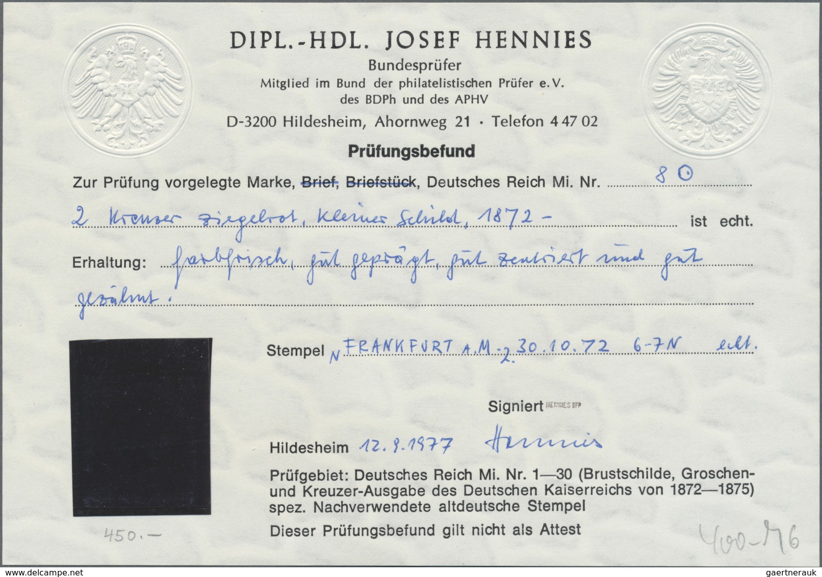 O Deutsches Reich - Brustschild: 1872, 2 Kreuzer Ziegelrot Kleiner Schild Entwertet Mit Klarem Und Zen - Neufs