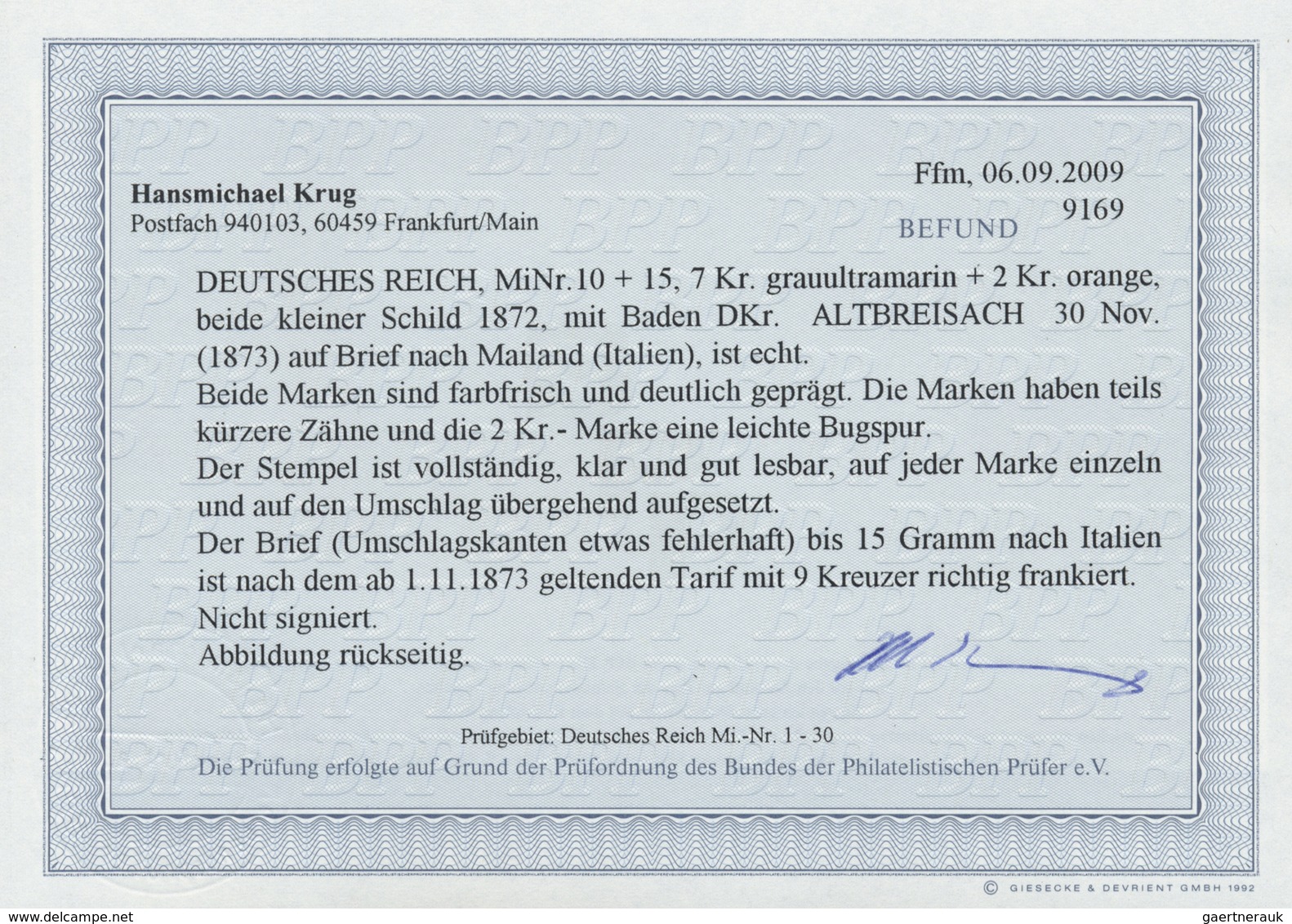 Br Deutsches Reich - Brustschild: 1872, Kleiner Schild 7 Kr. + 2 Kr. Orange Auf Brief Mit K2 "ALTBREISA - Neufs