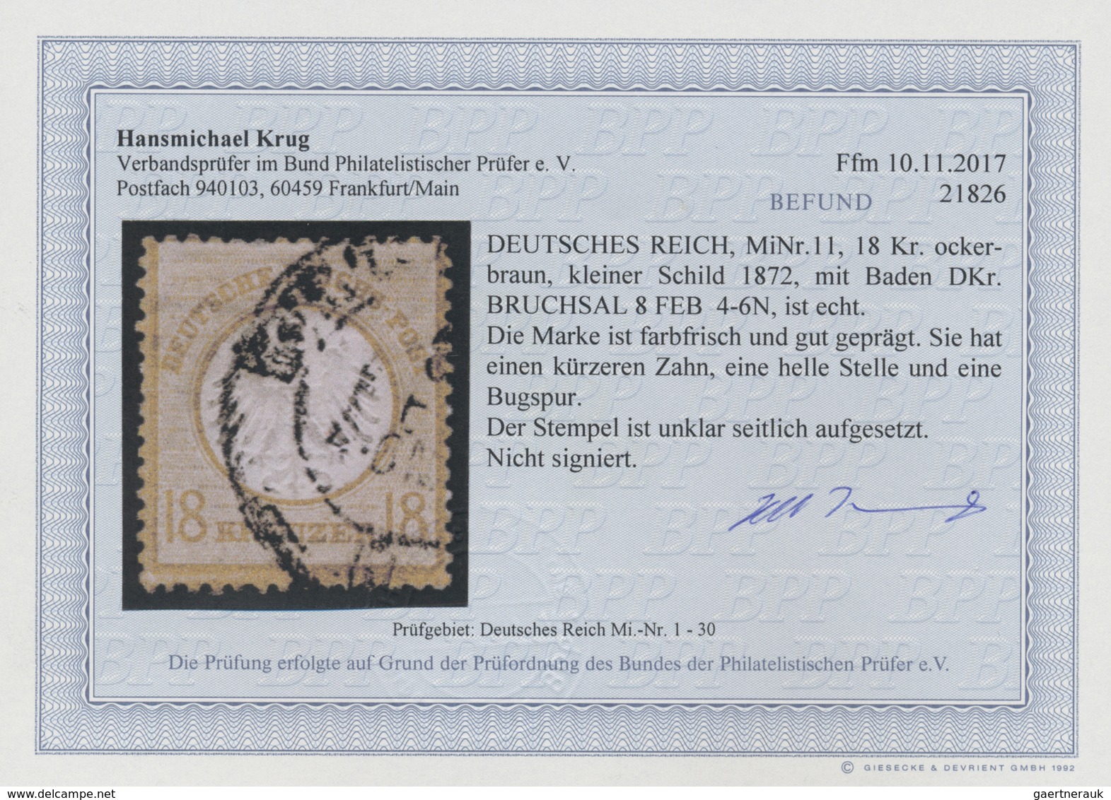 O Deutsches Reich - Brustschild: 1872, 18 Kr. Ockerbraun, Kleiner Schild, Gestempelt, Farbfrisch Und G - Ungebraucht