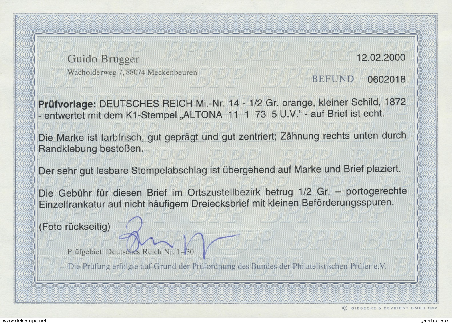 Br Deutsches Reich - Brustschild: 1872, Kleiner Schild 1/2 Gr. Orange Auf Orts-DREIECKSBRIEF Mit K1 "AL - Ungebraucht