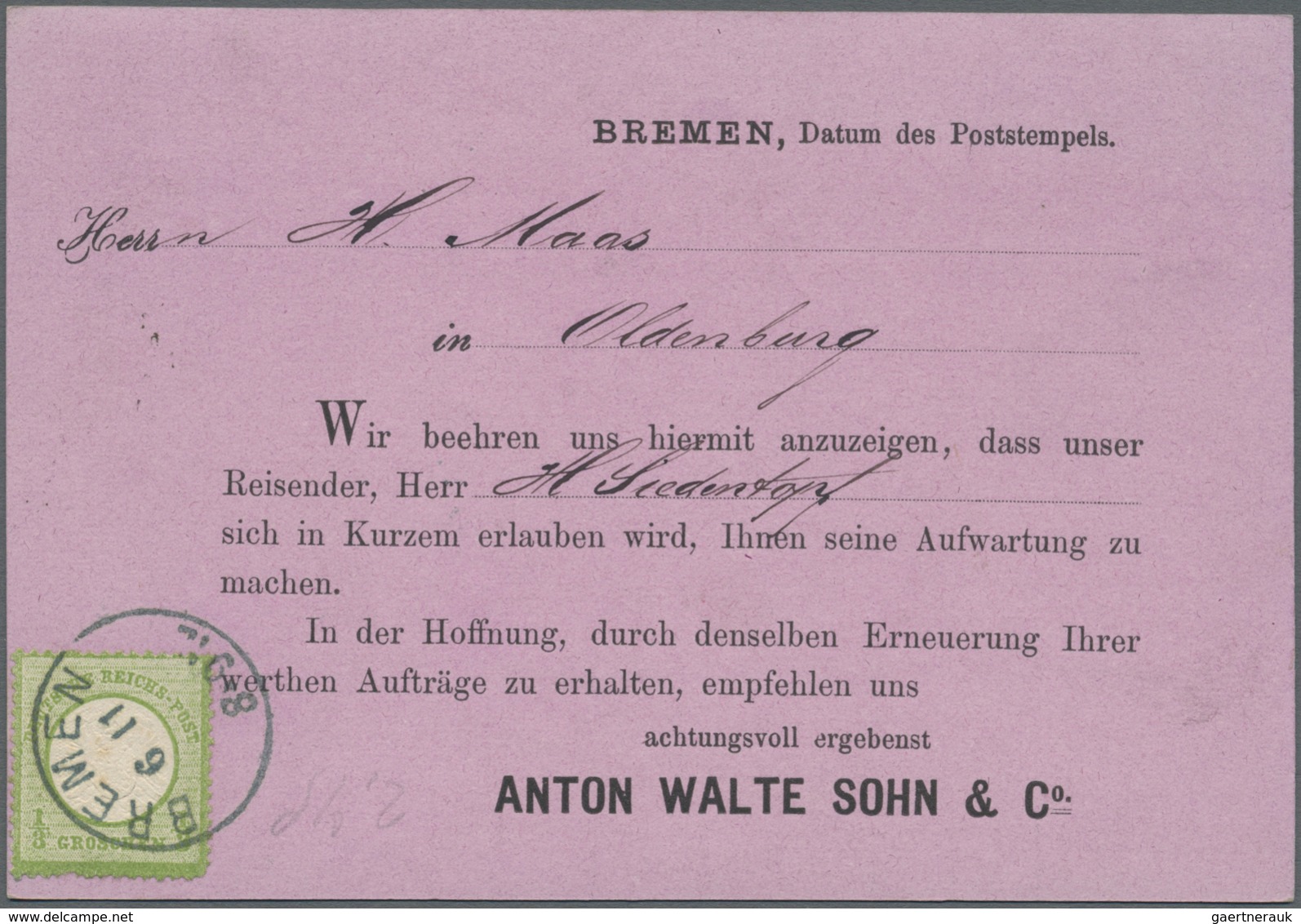 Br Deutsches Reich - Brustschild: 1872, Viollette Vertreter-Besuchskarte Frankiert Mit 1/3 Groschen Gro - Neufs