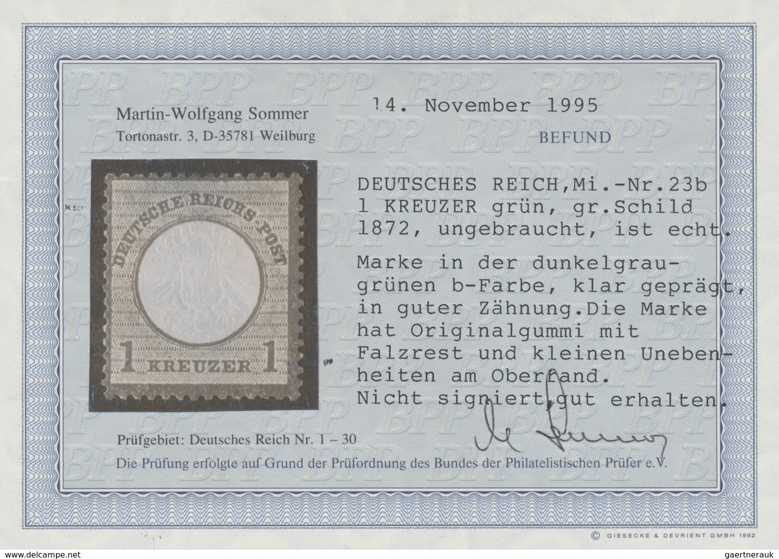 * Deutsches Reich - Brustschild: 1872, 1 Kr. Großer Brustschild In Der Dunkelgraugrünen B-Farbe, Origi - Neufs