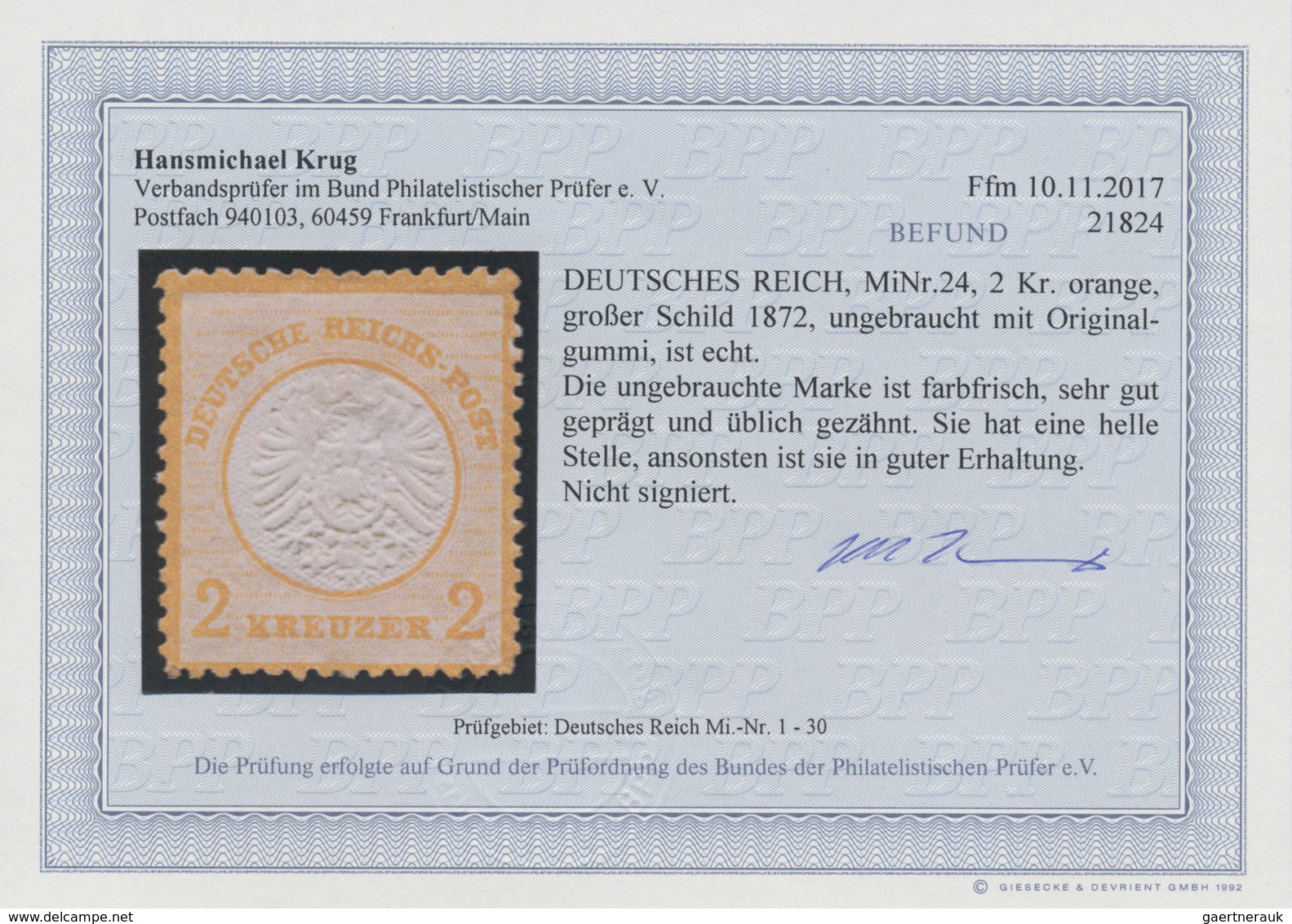 * Deutsches Reich - Brustschild: 1872, 2 Kr. Orange, Großer Schild, Farbfrisch Und Sehr Gut Geprägt, U - Neufs