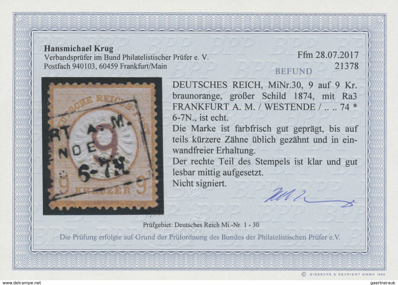 O Deutsches Reich - Brustschild: 1874, 9 Auf 9 Kr. Braunorange Mit Klarem Teilstempel "(FRANKFU)RT A.M - Nuovi