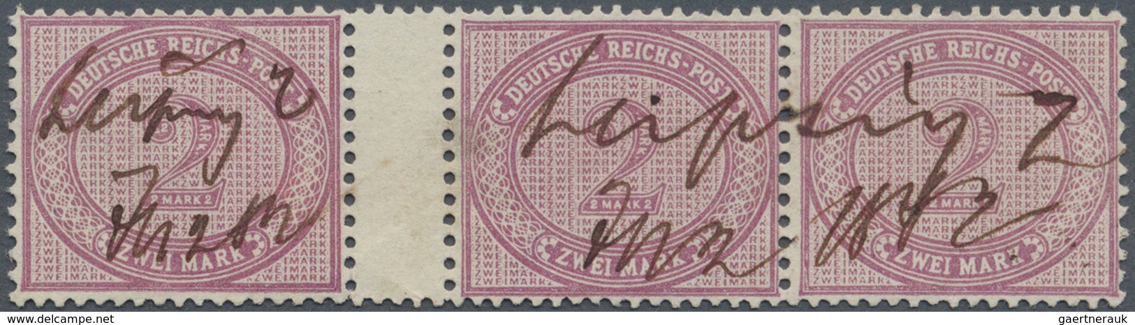 O Deutsches Reich - Pfennige: 1875, 2 Mk Lilapurpur, Farbfrischer, Waagerechter Dreierstreifen Mit Zwi - Storia Postale