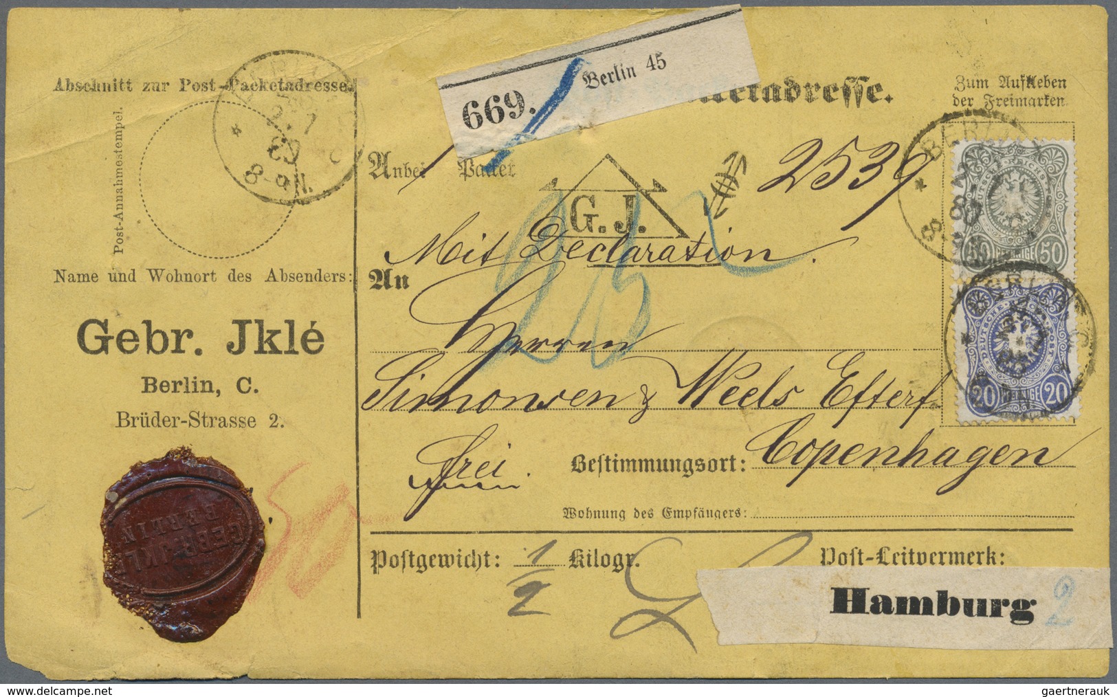 Br Deutsches Reich - Pfennige: 1877, 50 "Pfennige" Grüngrau Zusammen Mit 10 Pf. Rosa Und 20 Pd. Ultrama - Briefe U. Dokumente