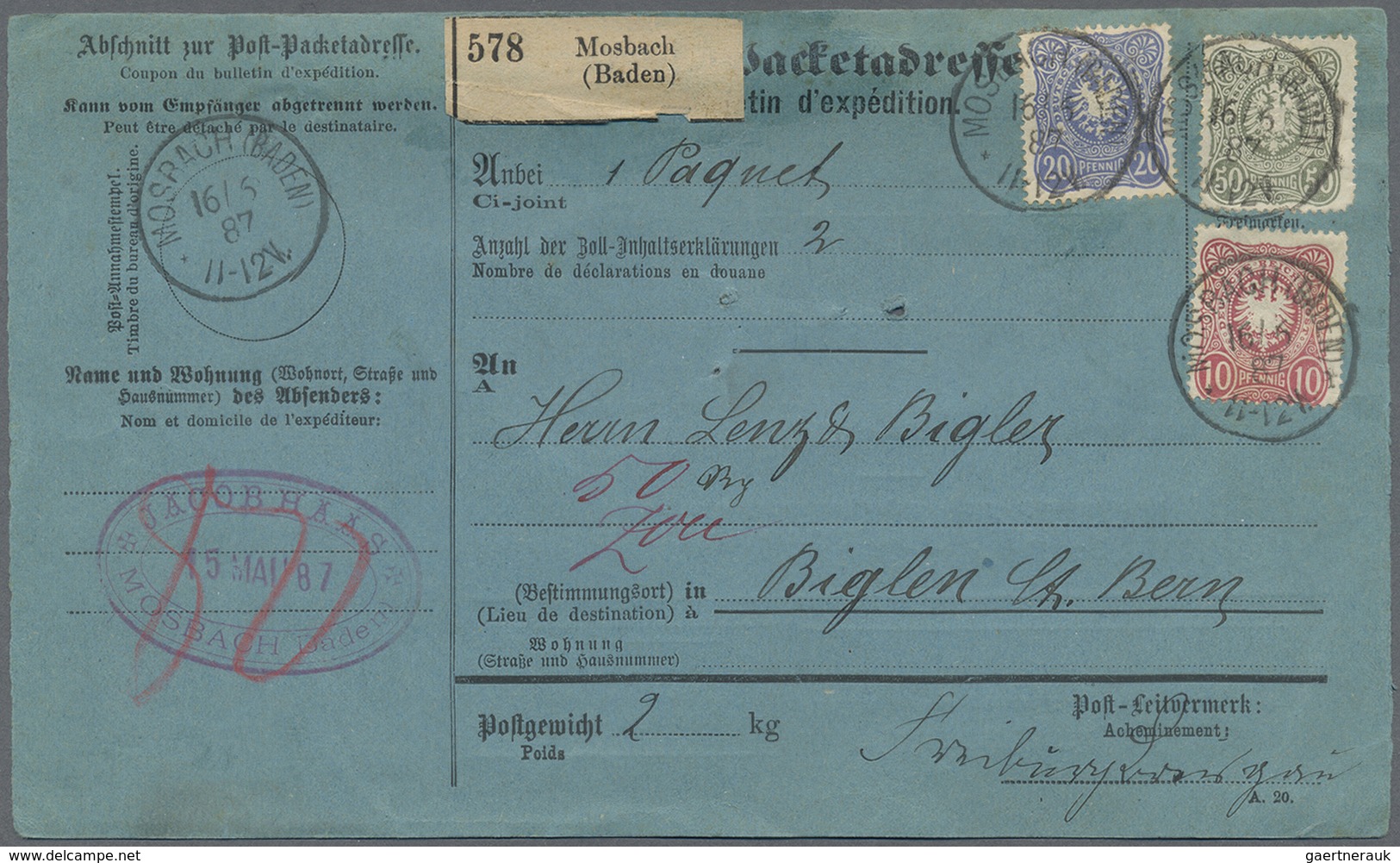 Br Deutsches Reich - Pfennig: 1887/1889, 2 Paketkarten Und 1 NN-Brief Mit Je 3-Farbenfrankatur Aus Bieb - Nuovi