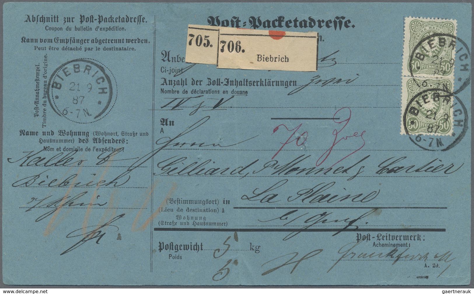 Br Deutsches Reich - Pfennig: 1887/1889, 2 Paketkarten Und 1 NN-Brief Mit Je 3-Farbenfrankatur Aus Bieb - Nuovi