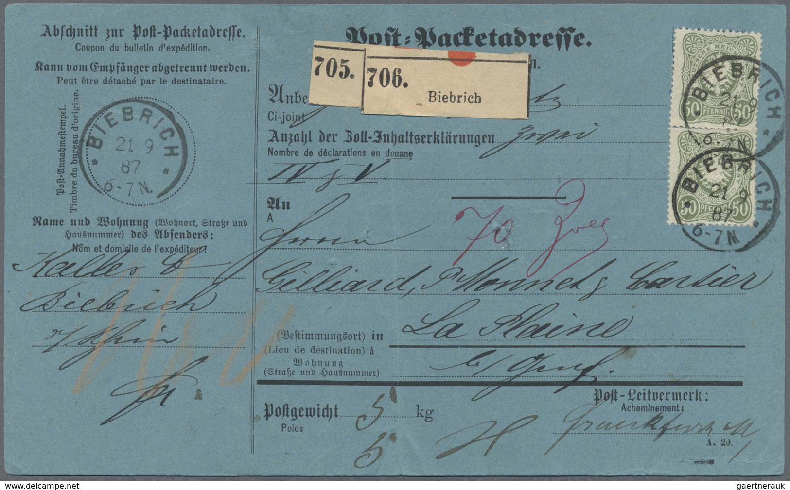 Br Deutsches Reich - Pfennig: 1887/1889, 2 Paketkarten Und 1 NN-Brief Mit Je 3-Farbenfrankatur Aus Bieb - Neufs