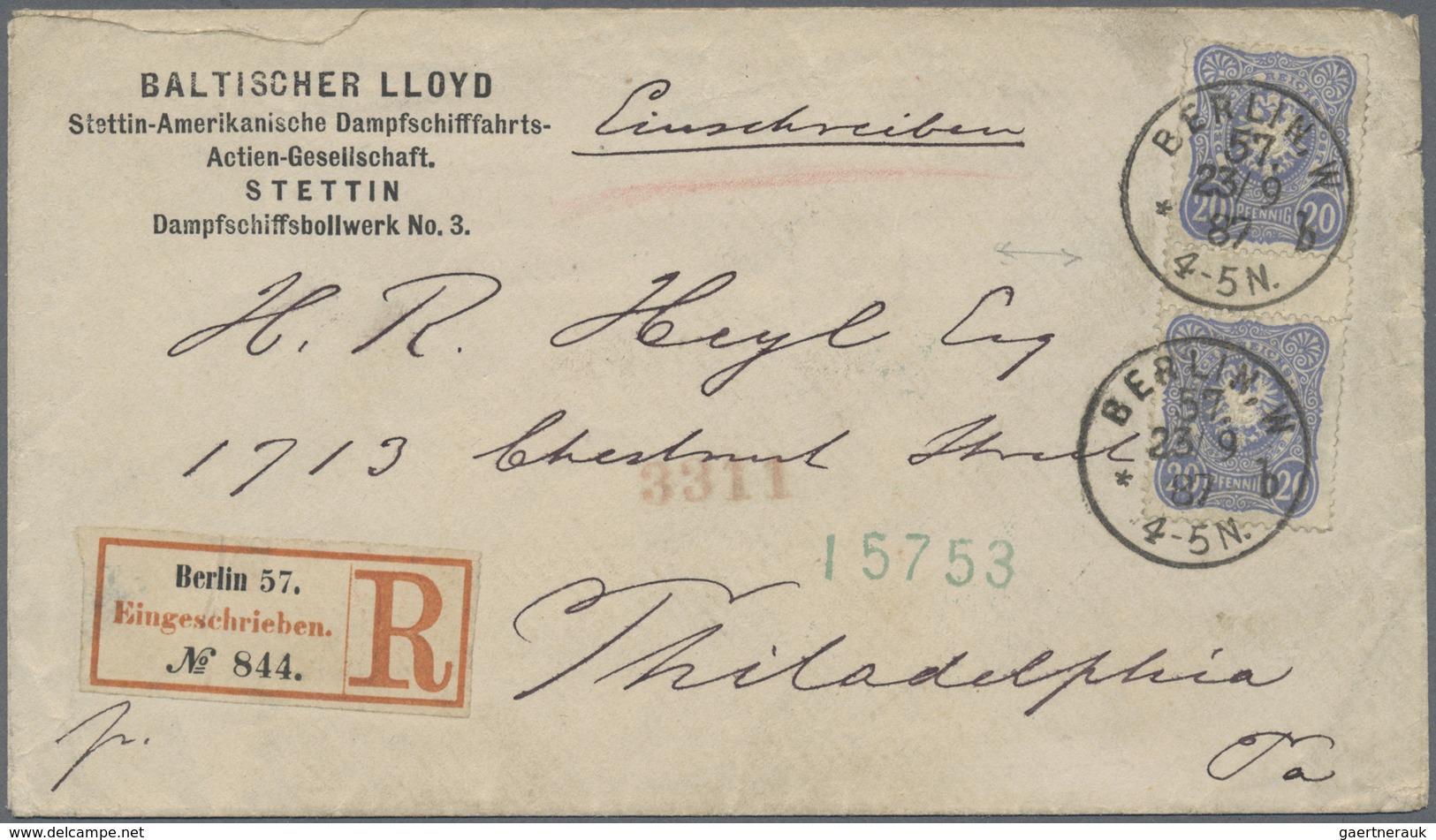 Br Deutsches Reich - Pfennig: 1888, Brief Per Einschreiben Mit Zwischensteg-Paar 20 PFENNIG Ultramarin, - Ungebraucht