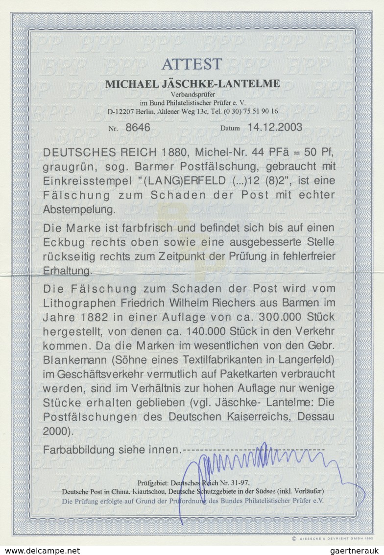 O Deutsches Reich - Pfennig: 1882/83: Pfg. Graugrün, BARMER POSTFÄLSCHUNG, Klar Gestempelt Mit K1 "(LA - Ungebraucht
