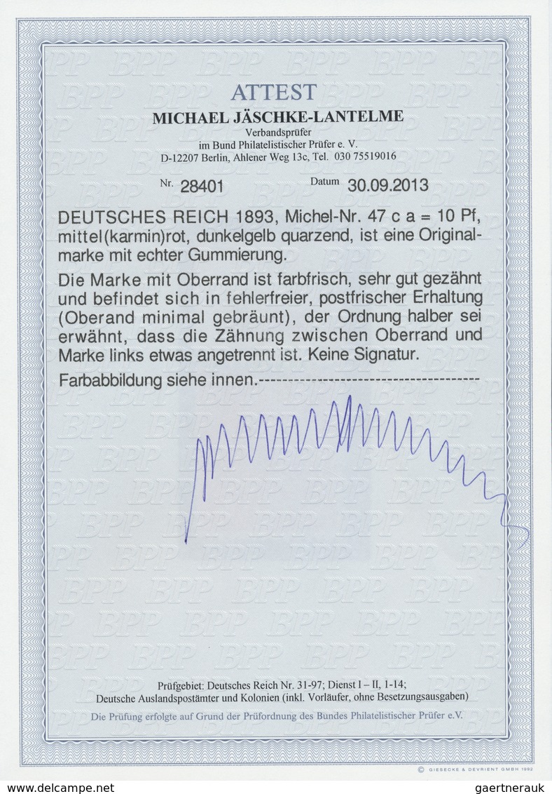 ** Deutsches Reich - Krone / Adler: 1893. Krone/Adler 10 Pf In Ca-Farbe Als OR-Stück, Postfrisch. FA Jä - Ungebraucht