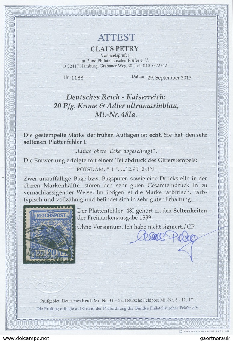 O Deutsches Reich - Krone / Adler: 1889: 20 Pfg Ultramarinblau Mit Sehr Seltenem Plattenfehler "Linke - Neufs