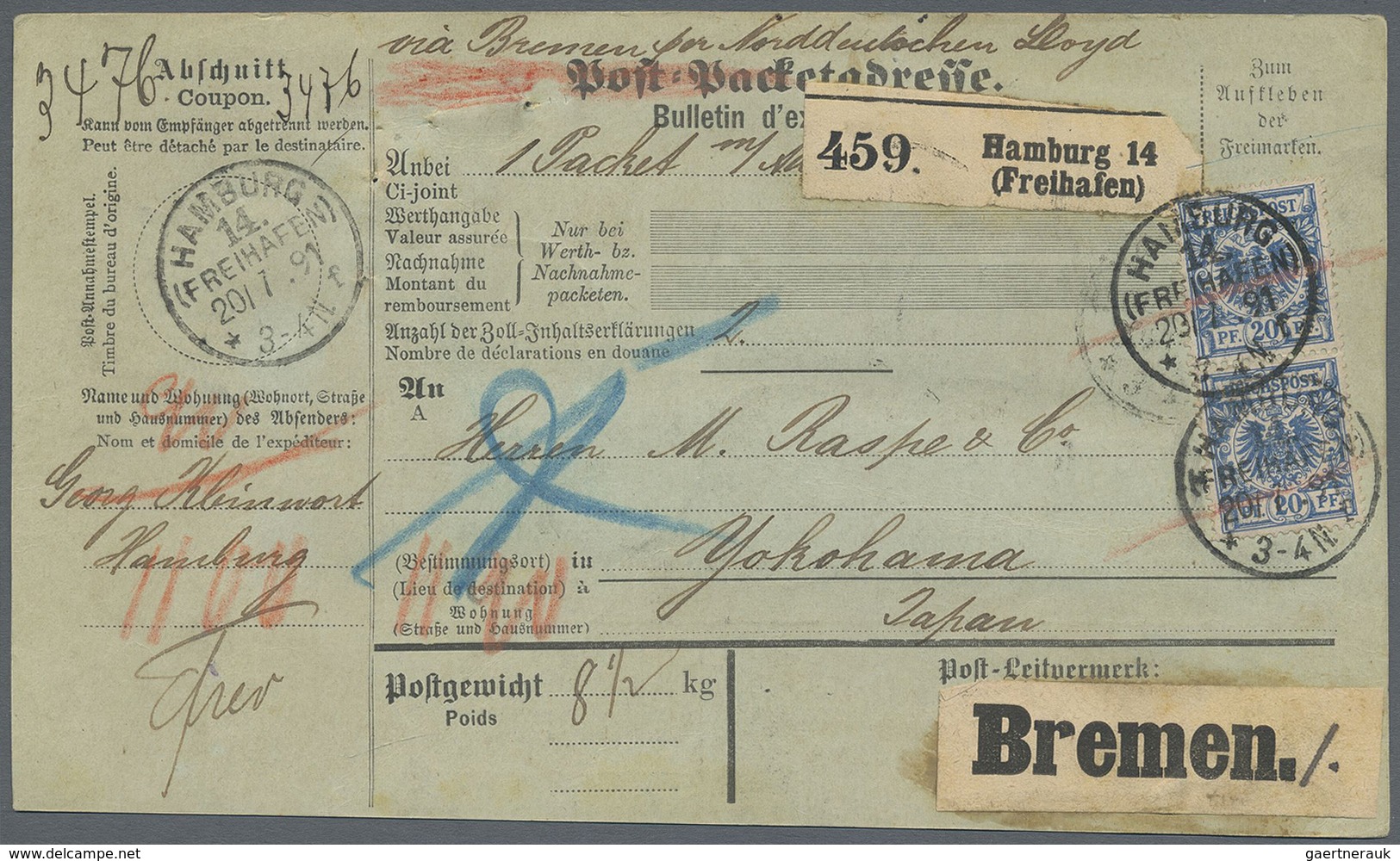 Br Deutsches Reich - Krone / Adler: 1889, 2 Mark (5-er ZwSteg-Streifen), 6x25 Pf. Etc. Auf Auslandpaket - Nuovi