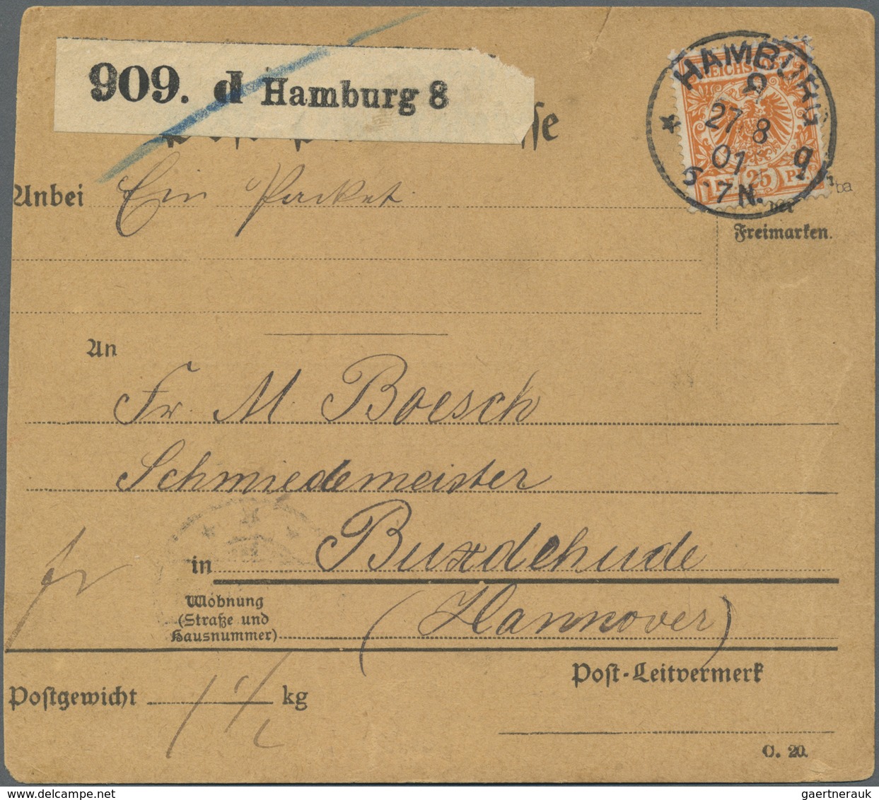 Br Deutsches Reich - Krone / Adler: 1898, 25 Pf Rotorange Krone/Adler, EF Auf Paketkarte Von Hamburg 8, - Neufs