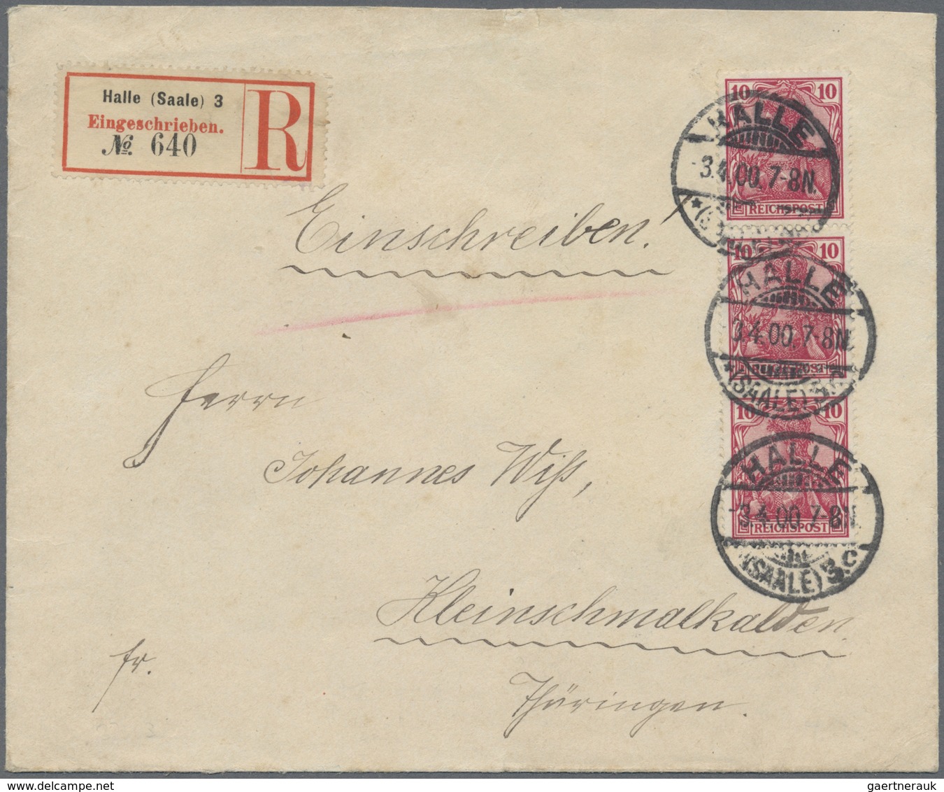 Br Deutsches Reich - Germania: 1900, 10 Pf Dkl'rotkarmin Germania Reichspost, Senkr. 3er-Streifen Als P - Ungebraucht