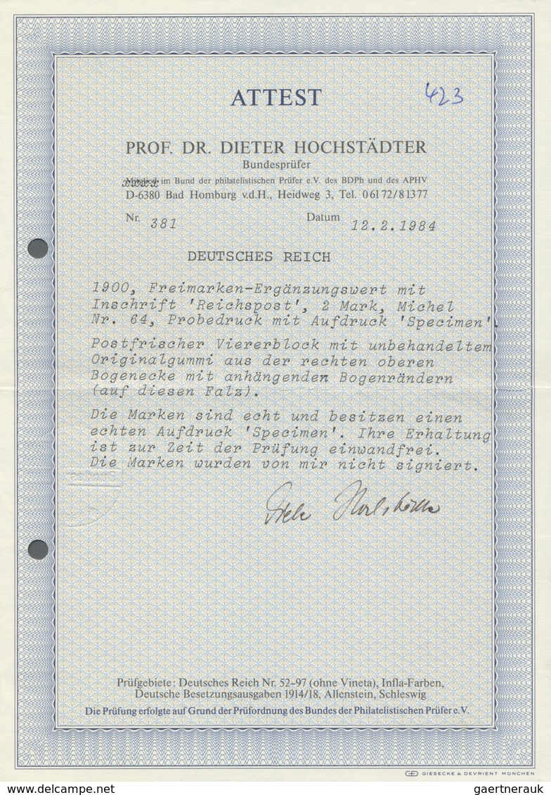 **/ Deutsches Reich - Germania: 1900, 2 Mark Reichspost Mit Waagerechtem Aufdruck "Specimen", Postfrisch - Nuovi
