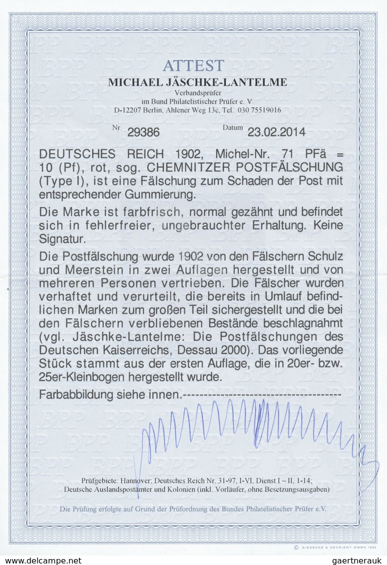 * Deutsches Reich - Germania: 1902: Chemitzer Postfälschung, 10 Pfg Rot, Fälschung Zum Schaden Der Pos - Ungebraucht