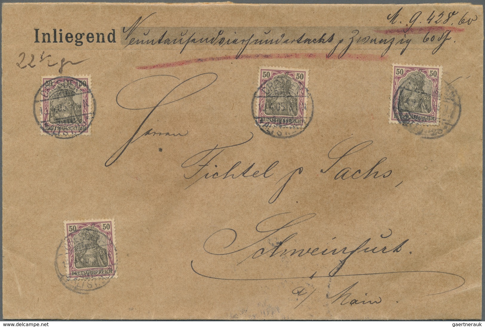 Br Deutsches Reich - Germania: 1902, 4 X 50 Pf Germania, Portogerechte MeF Auf Wertbrief über 9428,60 R - Neufs