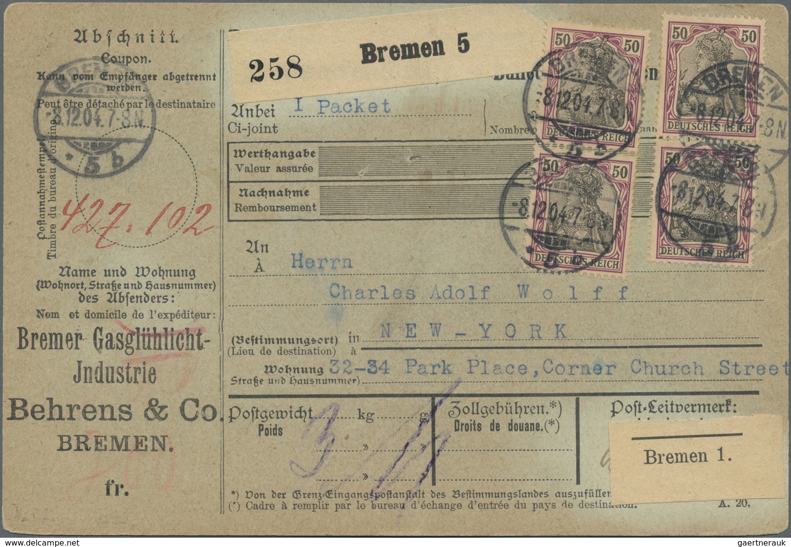 Br Deutsches Reich - Germania: 1902, 50 Pf Germania, 4 Stück (2 Senkr. Paare) Als MeF Auf Paketkarte Vo - Neufs