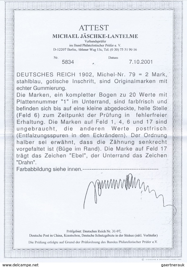 ** Deutsches Reich - Germania: 1902, 2 Mark, Ungefaltete Rechte Untere Luxus-Bogenecke, (Attestkopie Jä - Neufs