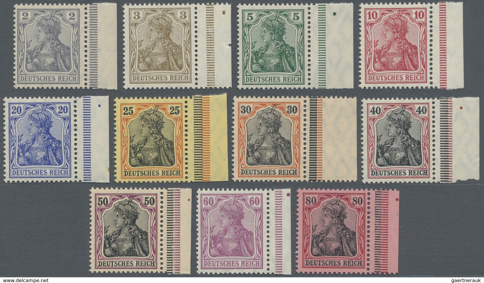 ** Deutsches Reich - Germania: 1905, 2 Pf Bis 80 Pf Freimarken Germania, Friedensdruck, Schneeweißer Ei - Ungebraucht