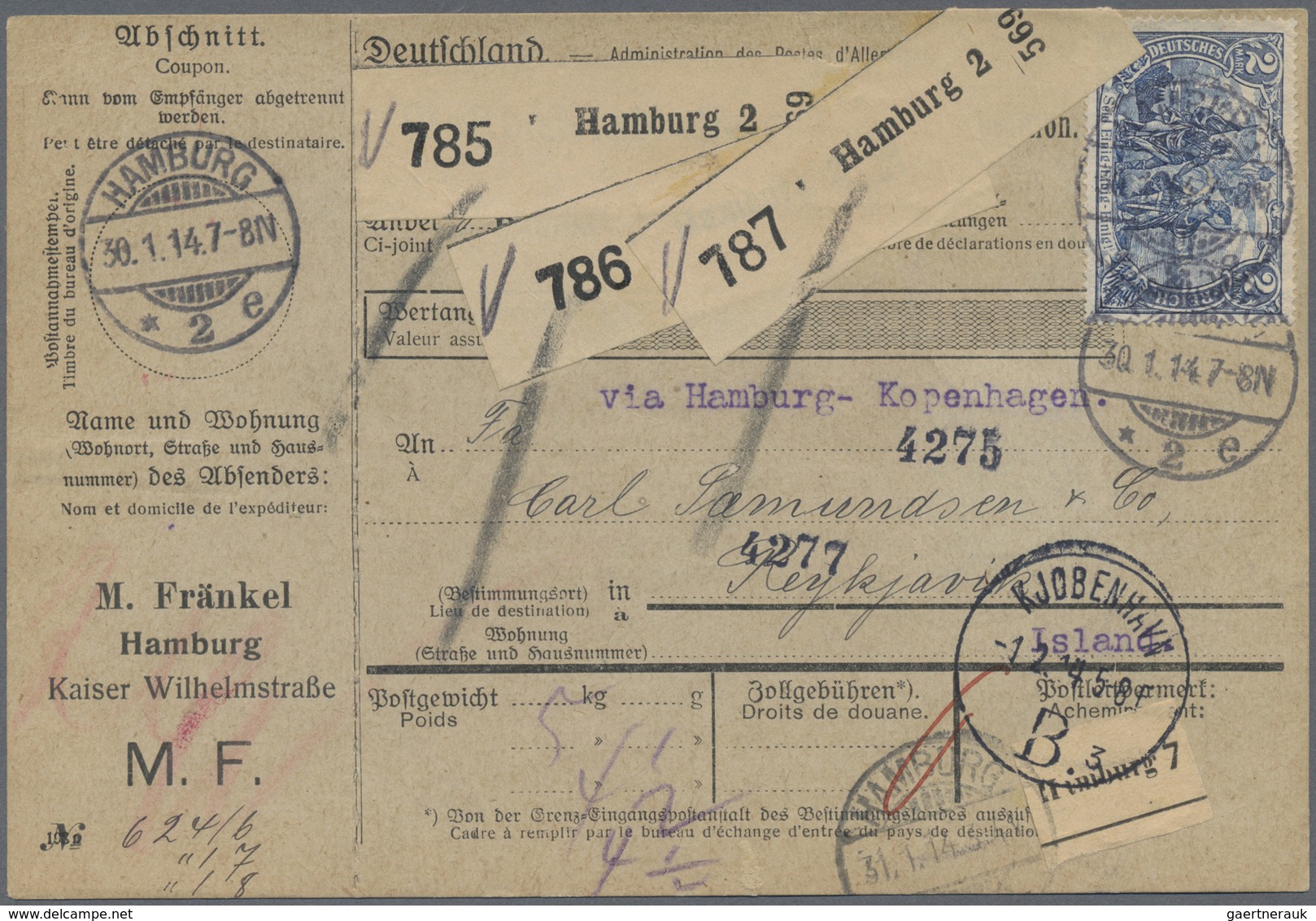 Br Deutsches Reich - Germania: 1914, Freimarken 2 M Und Rückseitig 40 Pf Germania Auf Paketkarte Von "H - Nuovi