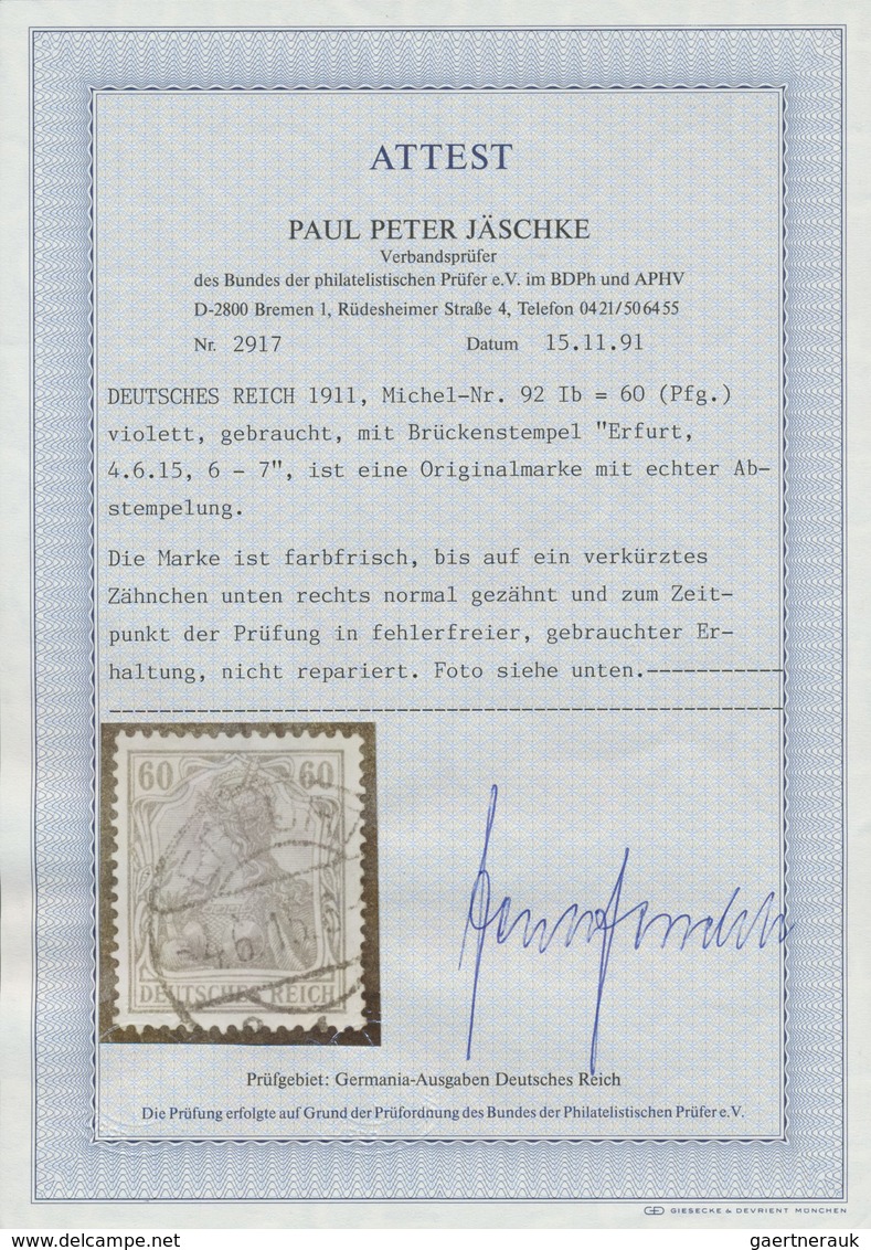 O Deutsches Reich - Germania: 1905, Germania 60 Pfg. Violett, Gestempelt ERFURT 4.6.15, Lt. Fotoattest - Neufs